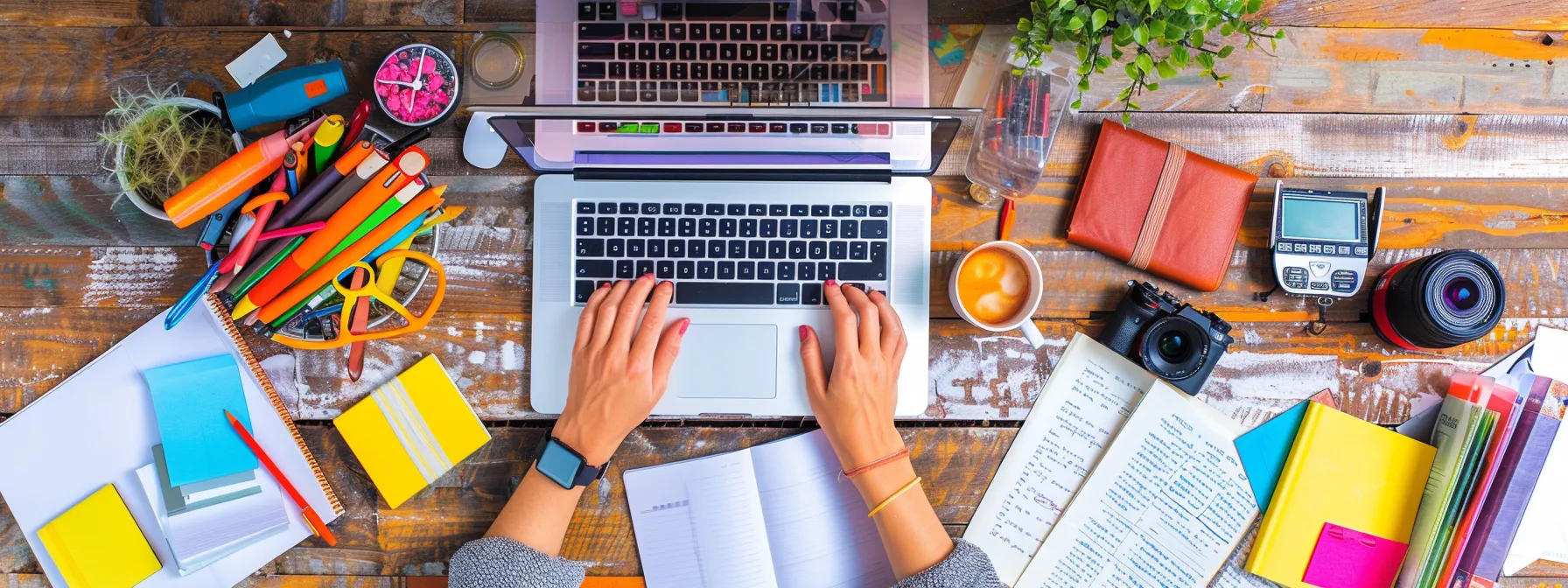 a focused writer typing out a compelling guest blog pitch at a sleek desk with a laptop and notes scattered around.