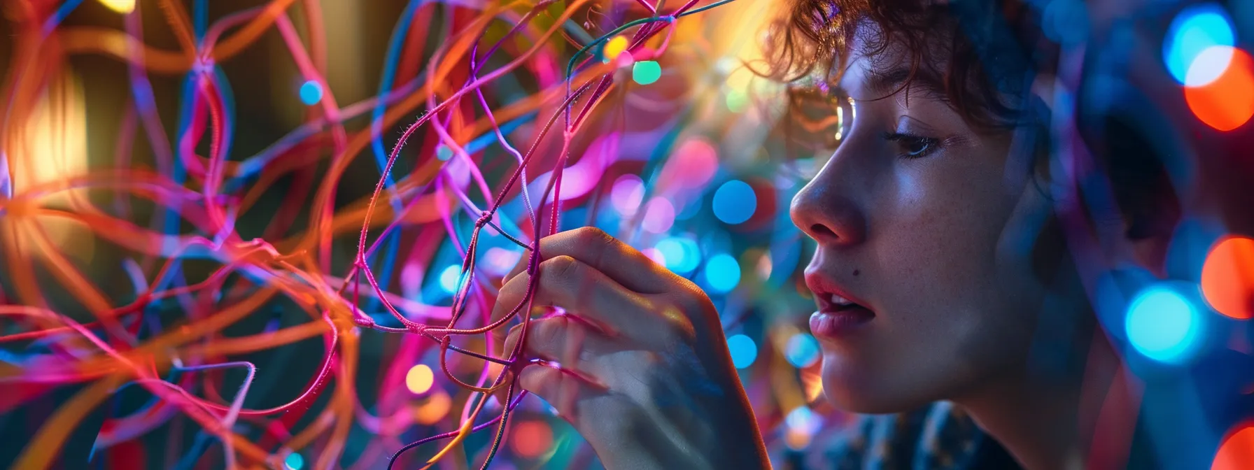 a person meticulously inspecting a tangled web of colorful links, determining their quality and impact on seo ranking.