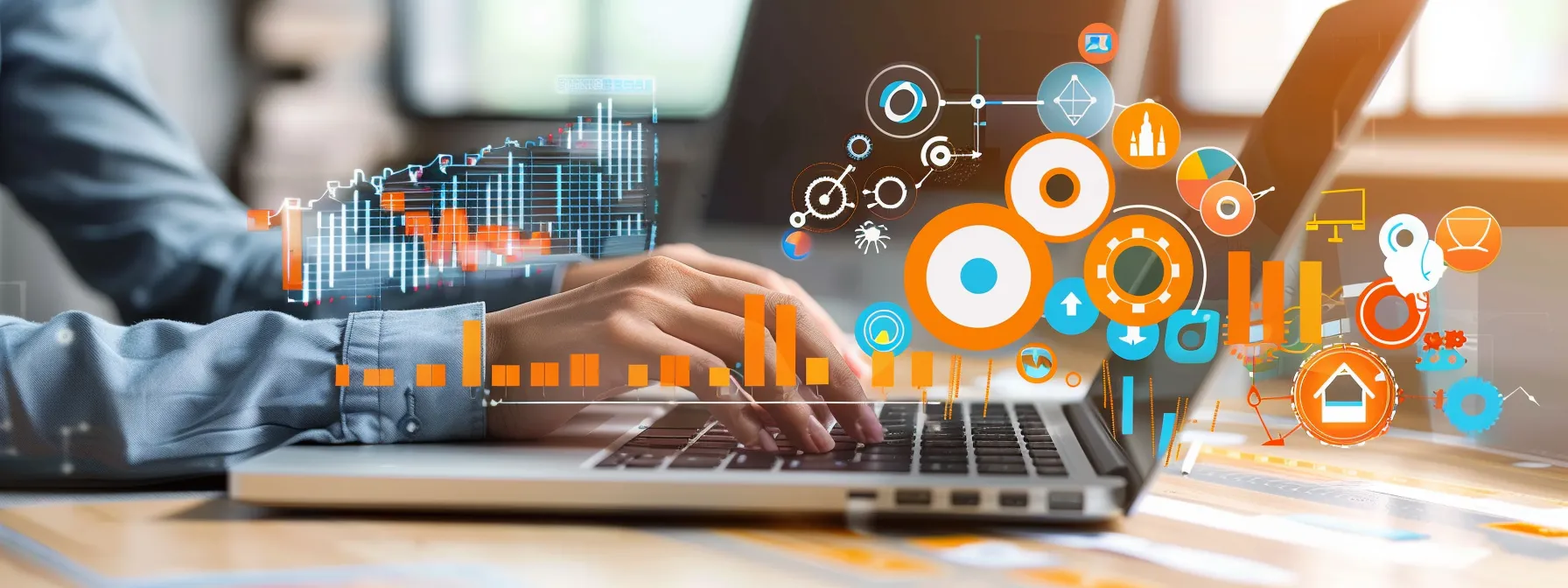 a person typing on a laptop, actively engaging in an industry forum with a bright screen displaying various backlink building strategies.