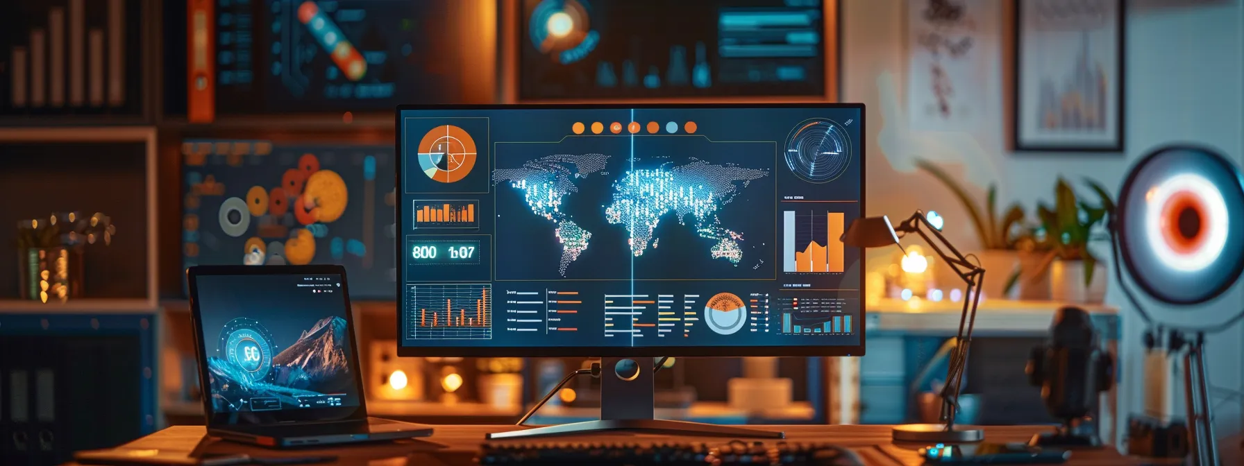 a vibrant and engaging infographic displayed on a computer screen, surrounded by various digital devices and creative tools.