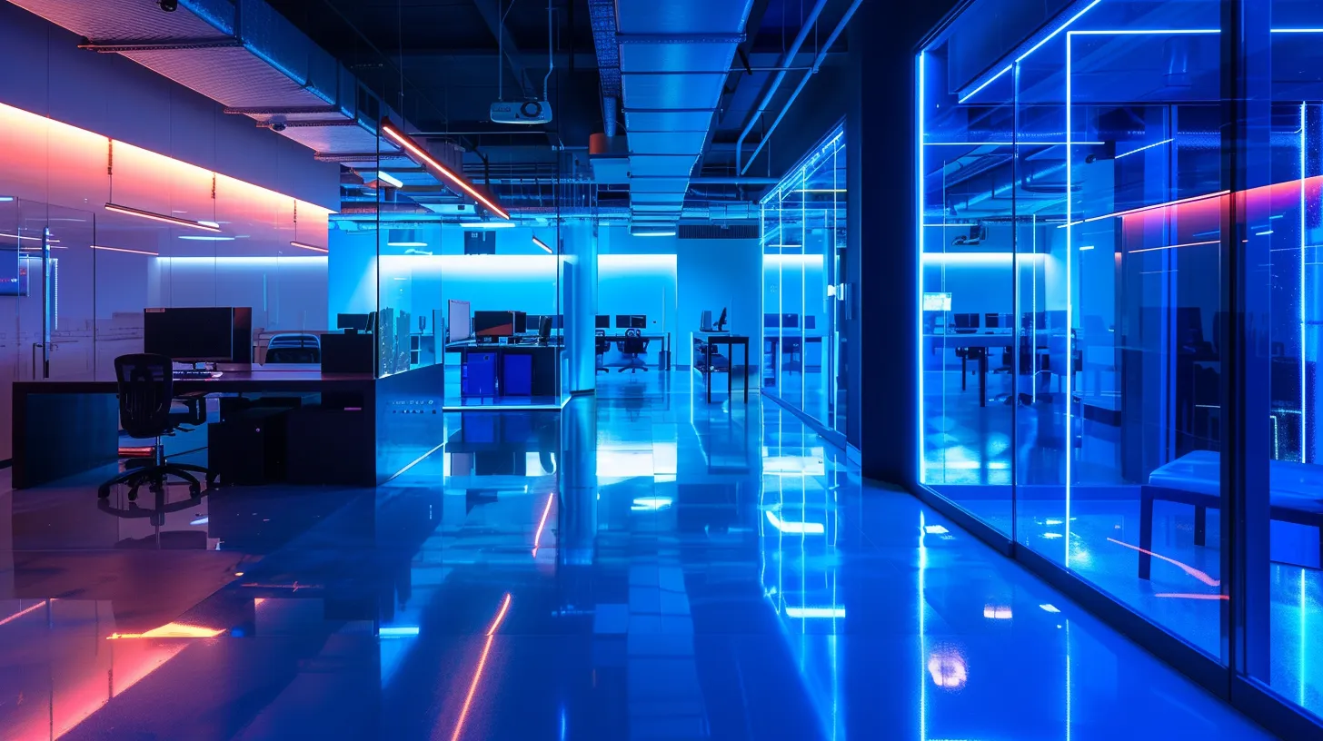 a sleek, futuristic office space filled with modern glass desks and advanced technology, illuminated by vibrant led lights, encapsulates an atmosphere of innovation and productivity.