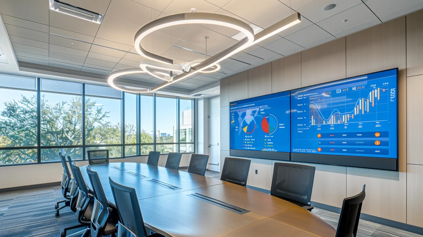 a sleek, modern office interior features a high-tech conference room with a large digital screen displaying vibrant data visuals, emphasizing innovation and collaboration in a corporate environment.