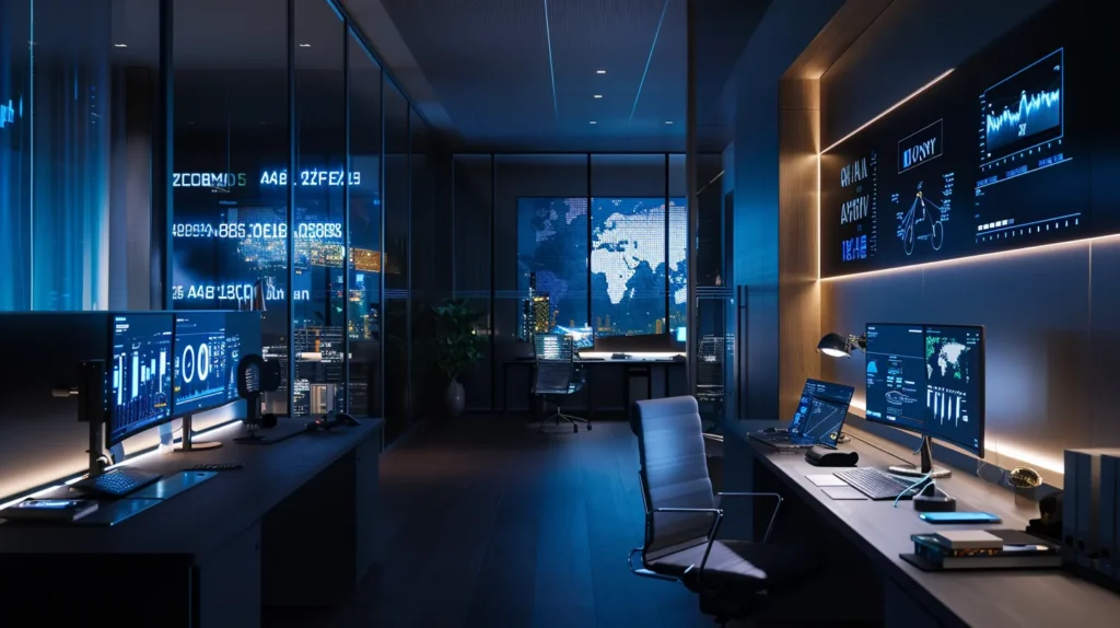 a sleek, modern office space features a high-tech workstation illuminated by soft, ambient lighting, showcasing an array of advanced digital devices and a large screen displaying dynamic data analytics, conveying an atmosphere of innovation and productivity.