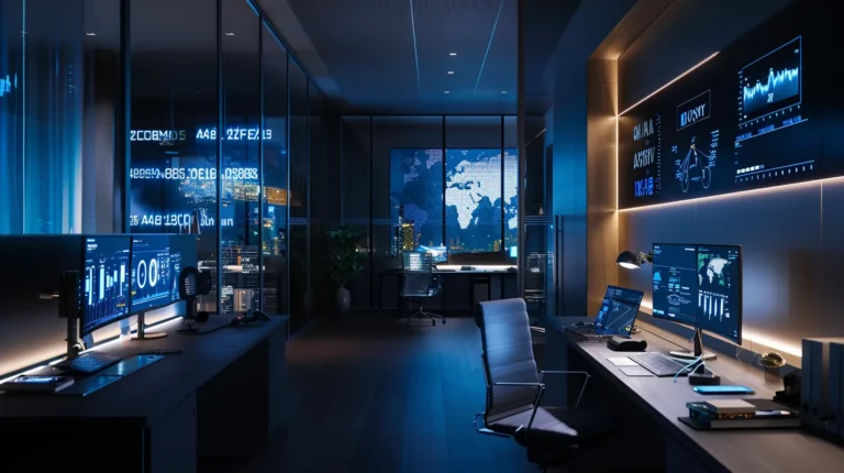 a sleek, modern office space features a high-tech workstation illuminated by soft, ambient lighting, showcasing an array of advanced digital devices and a large screen displaying dynamic data analytics, conveying an atmosphere of innovation and productivity.