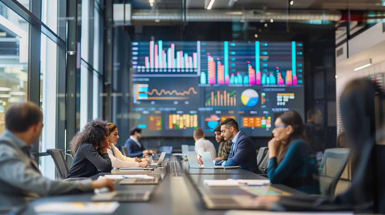 a sleek, modern office space showcases a diverse group of professionals engaged in a dynamic brainstorming session, surrounded by large screens displaying innovative ideas and vibrant graphs.