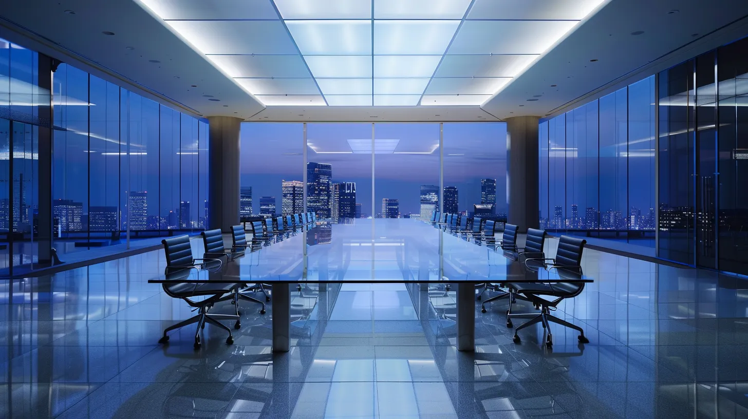 a sleek, modern office space features a large glass conference table surrounded by ergonomic chairs, illuminated by dramatic overhead lighting, conveying an atmosphere of collaboration and innovation.