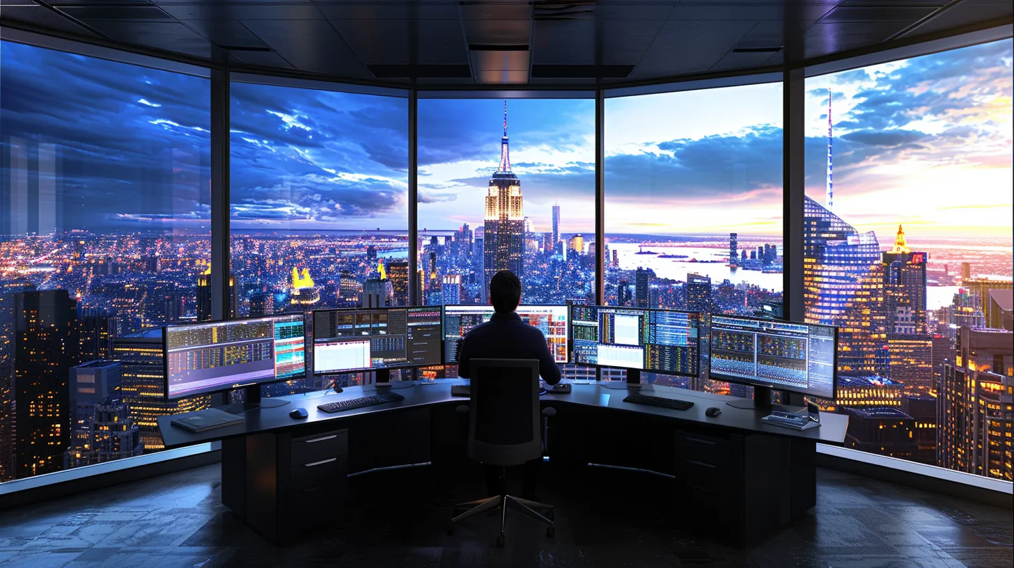 a sleek, modern office with large panoramic windows displaying a bustling city skyline, where a confident professional stands at a high-tech workstation, intently analyzing data on multiple screens, showcasing a dynamic and innovative work environment.