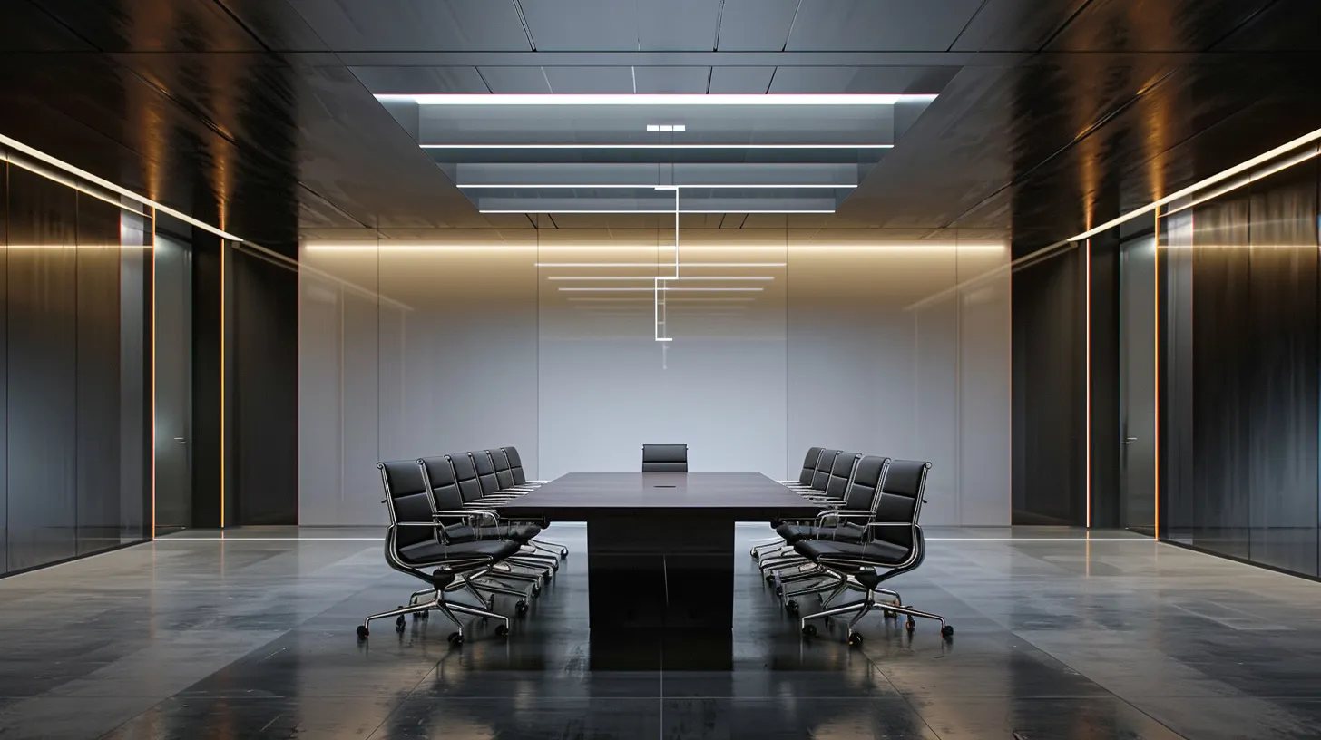 a sophisticated office environment featuring a sleek conference table surrounded by modern, minimalist chairs, illuminated by dramatic overhead lighting that enhances the sharp lines and reflections of glass and metal.