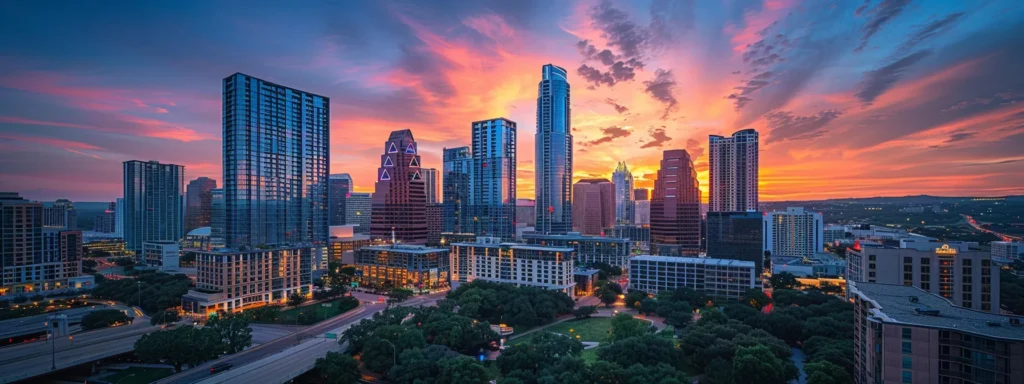a vibrant city skyline at sunset, symbolizing growth and elevation, with modern skyscrapers reflecting golden hues, representing the upward trajectory of business rankings through local backlink strategies.
