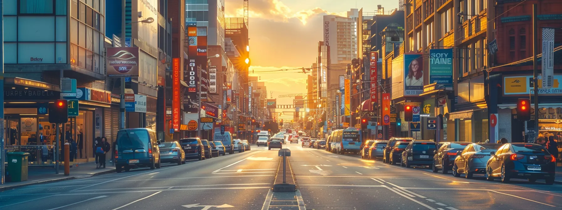 a vibrant city street filled with diverse local businesses prominently displaying their directories, bathed in golden hour light, symbolizing the connection between community presence and online visibility.