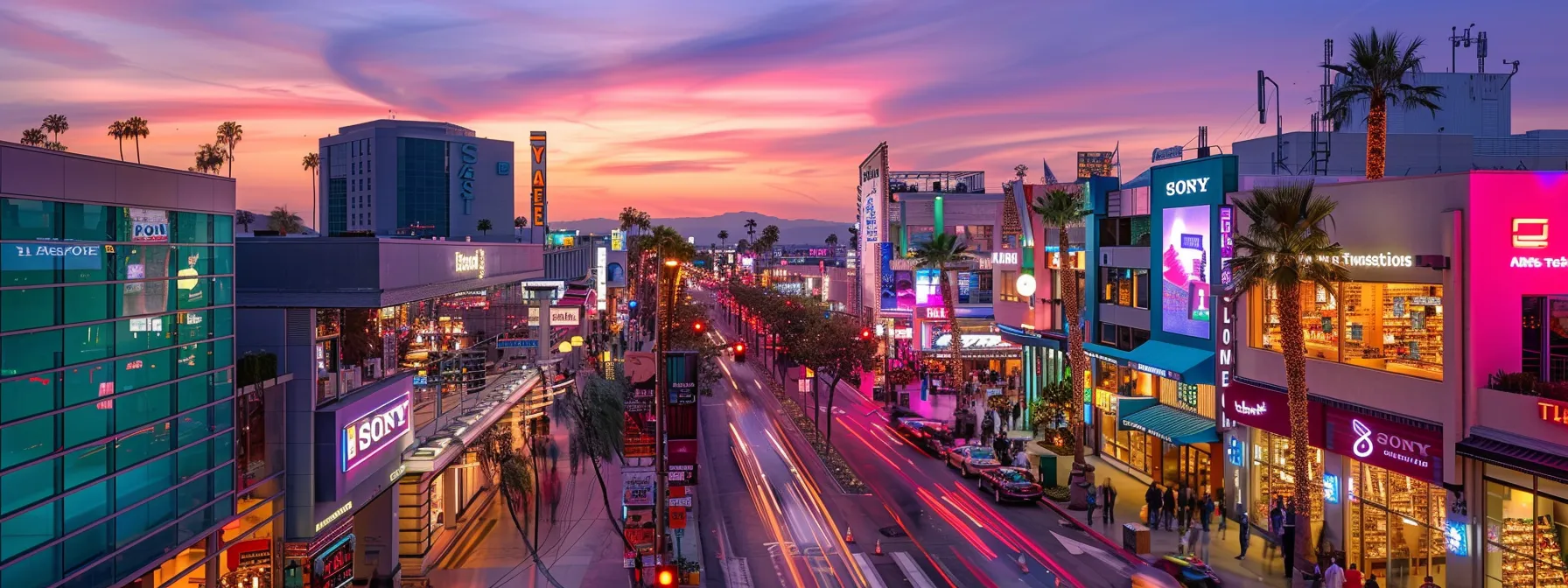 a vibrant cityscape at dusk, showcasing a bustling local business district with illuminated storefronts and clear signage, symbolizing the vital connection between local backlinks and enhanced visibility in the digital marketplace.
