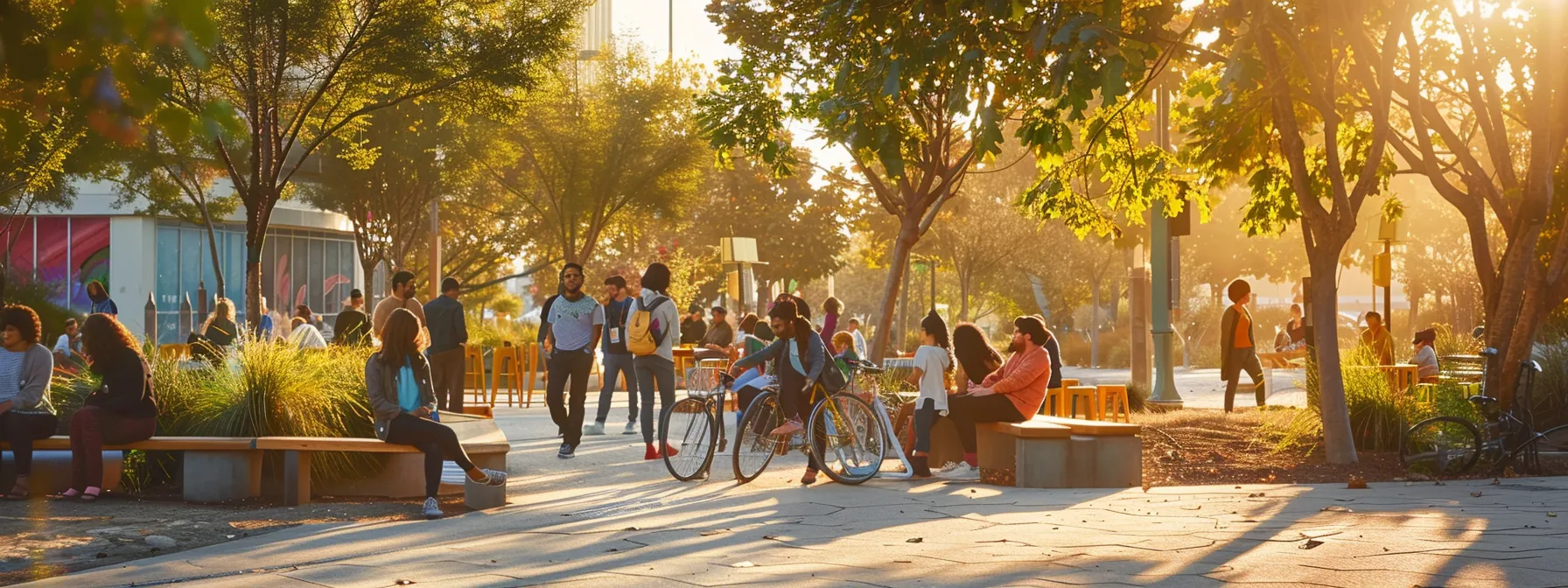 a vibrant community gathering in a sunlit park, where locals engage with visually captivating infographics and discussions around success stories, highlighting the importance of locally relevant content for businesses.