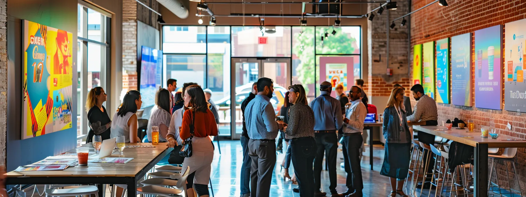 a vibrant community networking event, featuring local business leaders engaging in dynamic conversations amidst colorful banners and displays, exuding a sense of collaboration and connection that enhances brand visibility and community spirit.