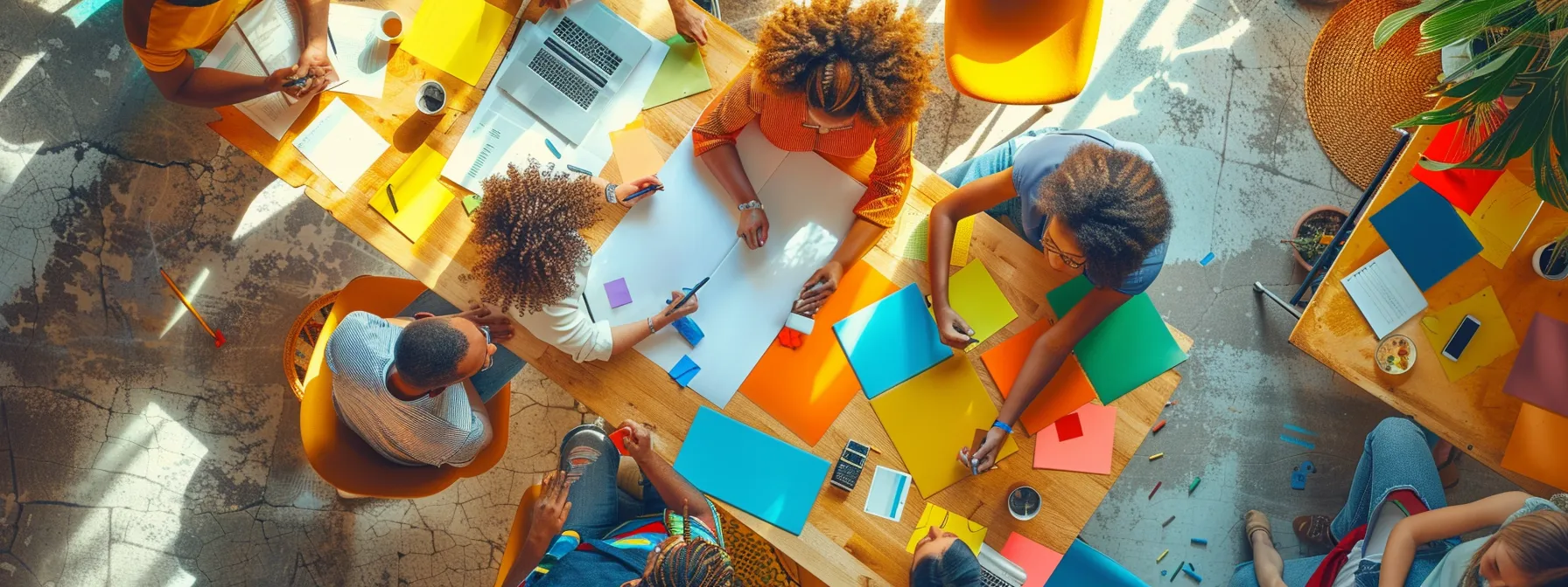 a vibrant scene capturing a dynamic collaboration between diverse local influencers engaged in a lively brainstorming session, surrounded by colorful mood boards and digital devices, emphasizing creativity and community connection.