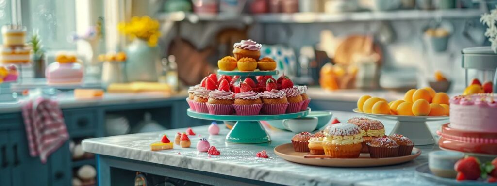 a cozy, well-lit kitchen scene showcases a variety of freshly baked goods, with colorful cakes and pastries elegantly arranged on a marble countertop, emphasizing the joy of beginner-friendly baking.