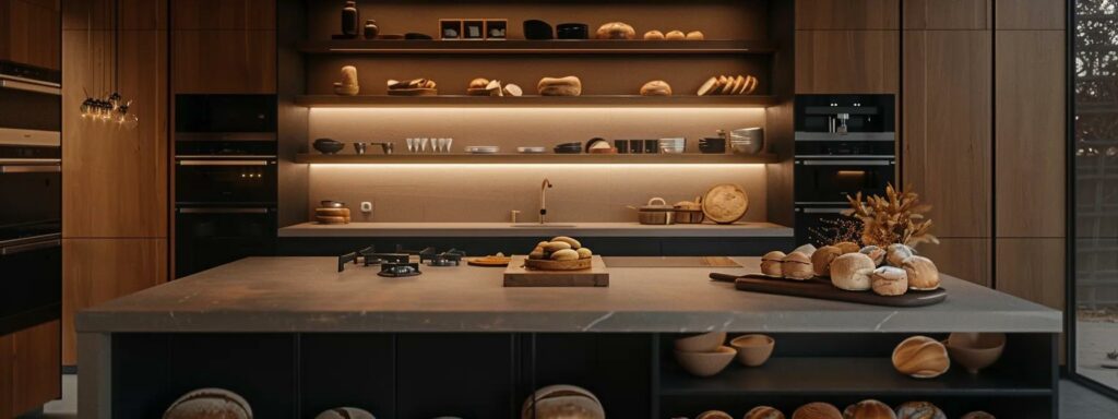 a modern kitchen with sleek countertops showcases a variety of freshly baked artisan loaves, illuminated by warm, focused overhead lighting that highlights the textures and crusts, inviting viewers to delve into the art of bread-making.