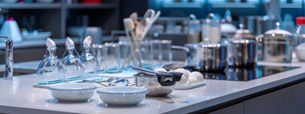 a sleek, modern kitchen countertop is meticulously arranged with high-quality baking tools and utensils, featuring polished stainless steel and vibrant silicone, under bright, crisp artificial lighting that highlights the essentials for convenient cooking.