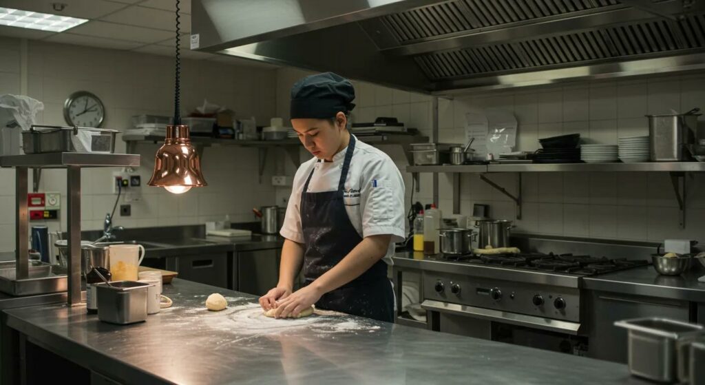 a bustling, modern kitchen filled with gleaming stainless steel appliances, where a focused new chef skillfully kneads dough on a polished countertop, illustrating essential baking techniques amidst an atmosphere of culinary creativity.