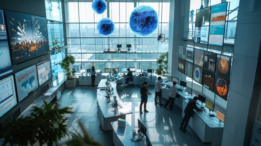 a captivating aerial view of a modern research laboratory filled with scientists examining high-resolution data screens, showcasing advanced climate models depicting fluctuations from the younger dryas period against a backdrop of sophisticated equipment and urban skyline through large windows.