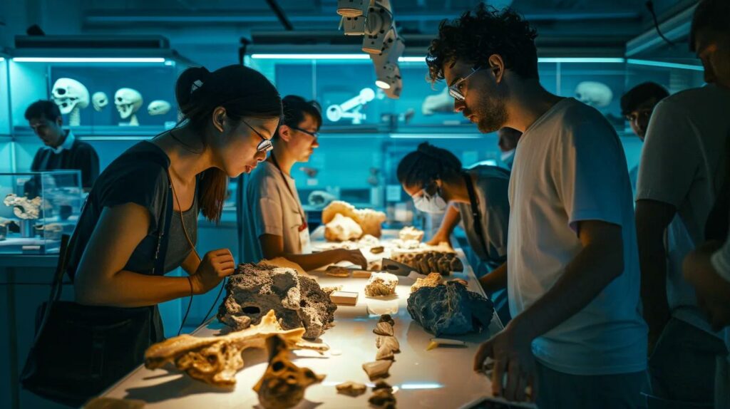 a detailed and vibrant display of a modern research lab, showcasing scientists intently studying fossilized remains and ancient artifacts, illuminated by bright fluorescent lighting that highlights their focused expressions and the complexity of their work.