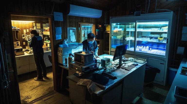 a dramatic, dimly lit research lab showcases scientists intensely examining ancient ice core samples, highlighting the urgency and intrigue surrounding the younger dryas cold snap that transformed human history.