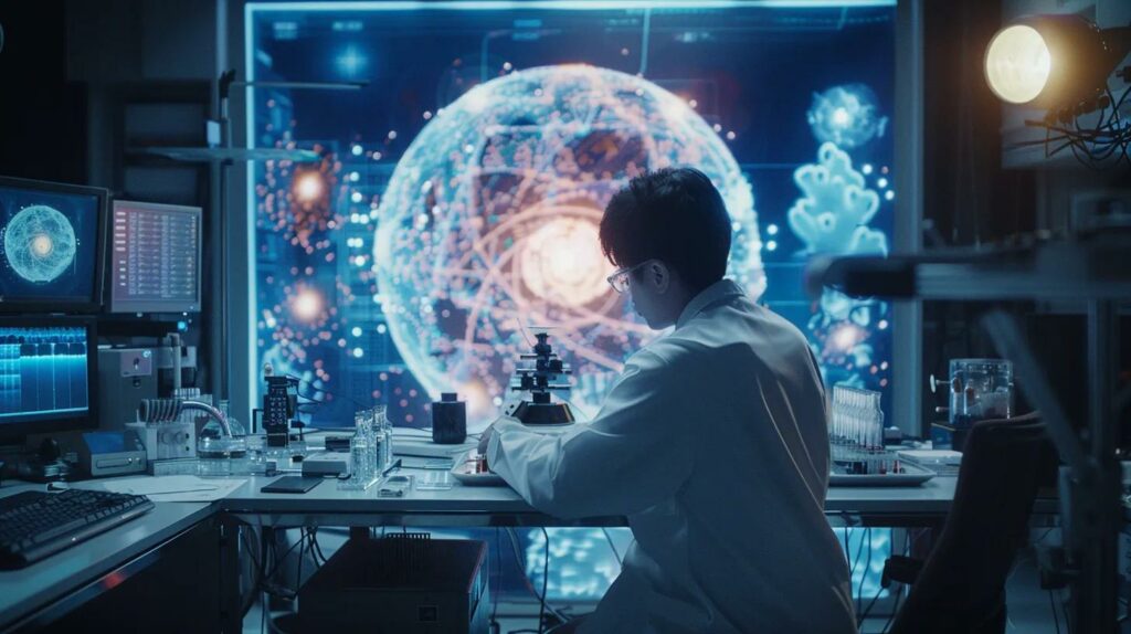 a futuristic laboratory filled with intricate equipment and holographic displays, showcasing a scientist deeply engrossed in mapping complex theoretical frameworks for time travel.
