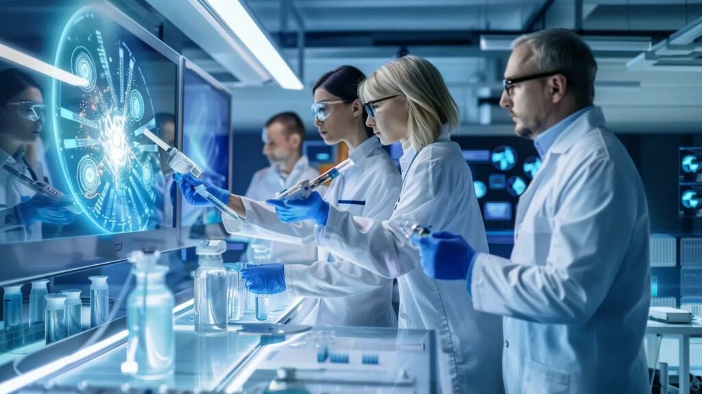 a futuristic laboratory filled with sleek, advanced technology showcases scientists gathered around a holographic display depicting swirling timelines and hypothetical pathways of time travel, illuminated by vibrant blue and white artificial lights.