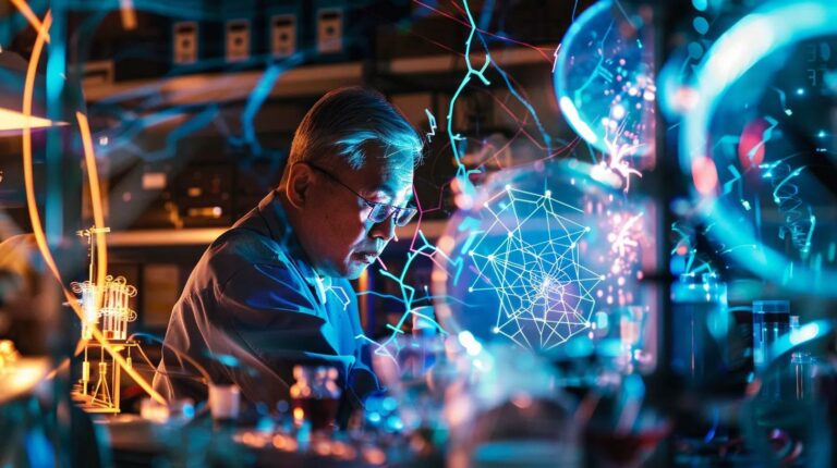 a futuristic laboratory filled with intricate quantum devices and holographic displays, showcasing a brilliant physicist deep in thought, as swirling streams of light visually represent the complex concepts of time travel and quantum mechanics.