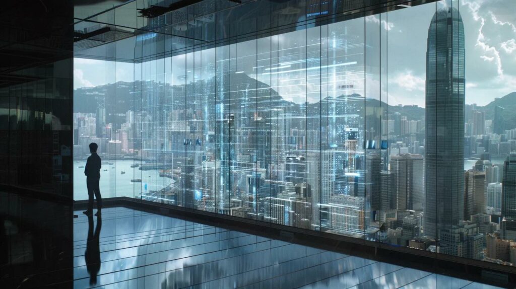 a sleek, modern office environment features an expansive glass window revealing a bustling city skyline, as a thoughtful individual stands contemplatively beside a digital time travel timeline displayed on a high-tech screen, symbolizing the deep philosophical implications of time travel.