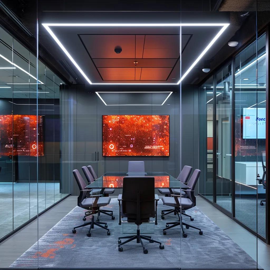 a sleek, modern office environment features a clear glass conference room with a prominent digital display showcasing a testing post slug interface, illuminating the space with a vibrant glow against minimalist decor.