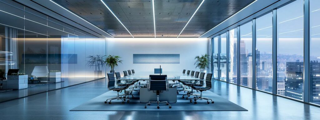 a sleek, modern office space is illuminated by bright fluorescent lights, featuring a prominent glass conference table surrounded by minimalist chairs, conveying a sense of collaboration and innovation.