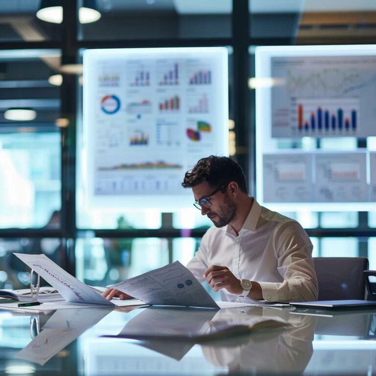 a focused business professional analyzes a detailed case study report on a sleek conference table, surrounded by modern office architecture and digital analytics displays, emphasizing strategic problem-solving.
