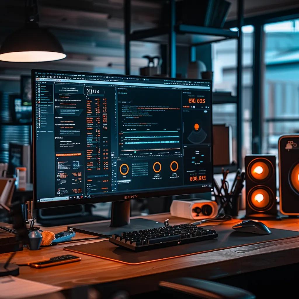 a focused computer screen displays a detailed wordpress dashboard with highlighted error notifications, set against a sleek office backdrop featuring modern tech gadgets and a minimalist workspace.