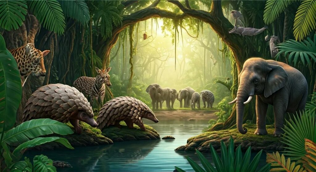 Endangered wildlife in a lush forest, emphasizing the urgency of conservation efforts