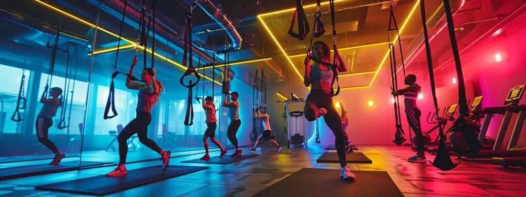 a dynamic urban gym scene captures diverse individuals engaged in various workouts, showcasing their focus and determination as they enhance their physical and emotional wellness amidst vibrant, modern equipment and energetic lighting.