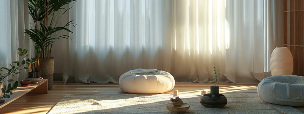 a serene and inviting office space features a comfortable meditation corner with calming decor, soft ambient lighting, and relaxing elements designed to promote mental health and emotional well-being through wellness practices.