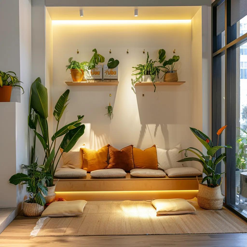 a vibrant, minimalist office space features a beautifully arranged wellness corner with plush cushions and calming decor, emphasizing the theme of nurturing wellness through intentional, small steps for personal transformation.