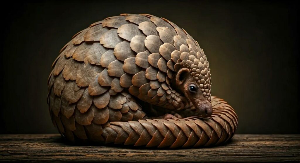 Close-up of a pangolin highlighting its unique scales, symbolizing the threat of illegal trafficking