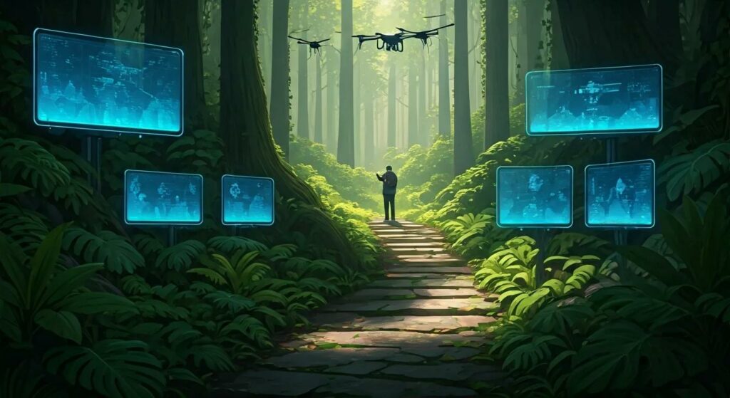 Conservationist using AI technology to monitor wildlife in a lush forest setting