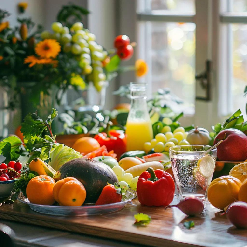 Healthy meal spread representing intermittent fasting benefits with fresh fruits and vegetables