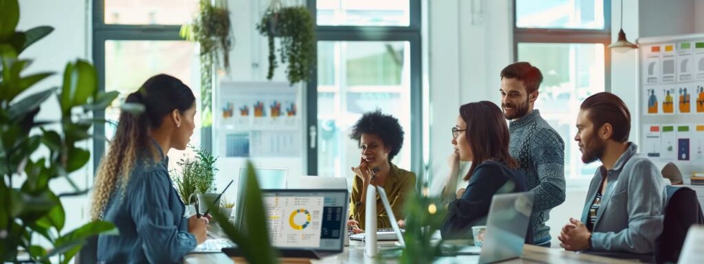a bright, modern office space features a diverse group of professionals engaging in a collaborative discussion over personalized wellness plans, with digital tablets displaying tailored health data and vibrant infographics in the background.