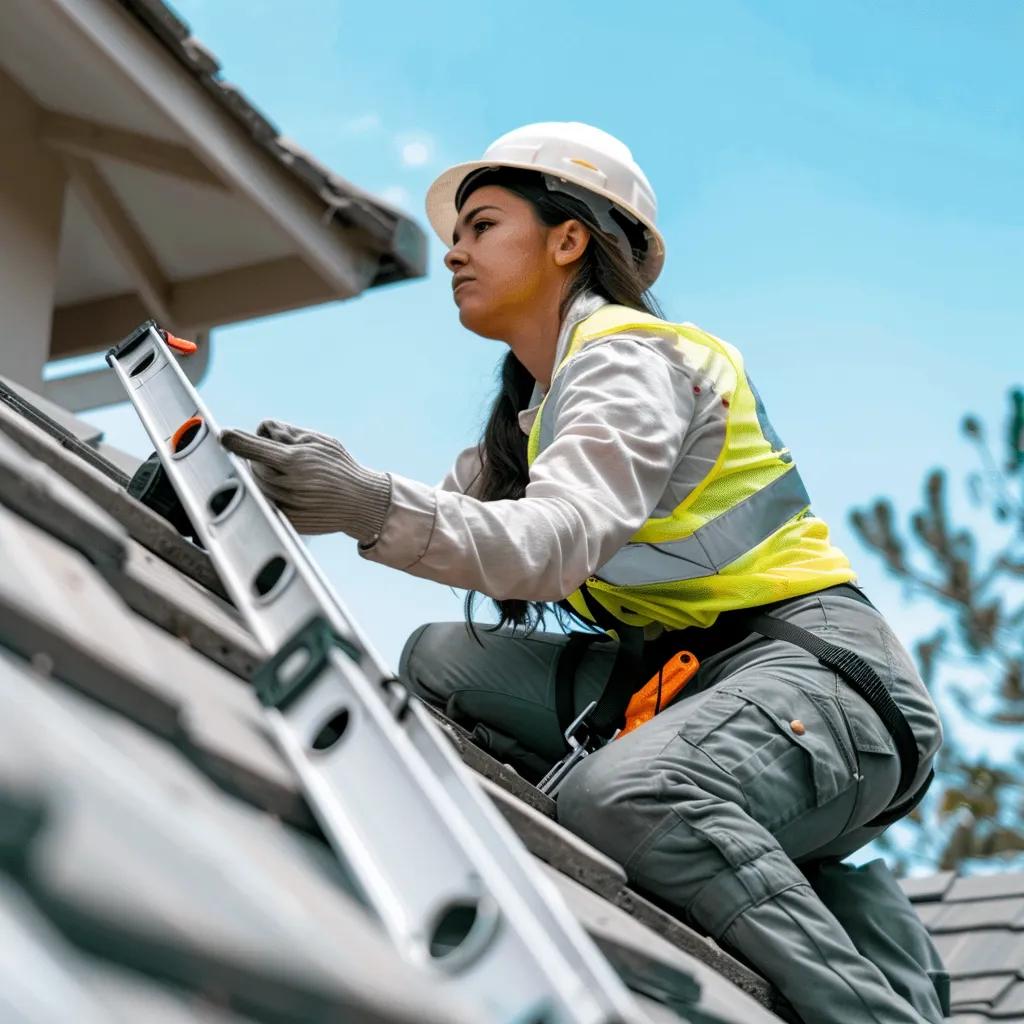 Roofing inspector examining a residential roof for maintenance and inspection, highlighting thoroughness and care