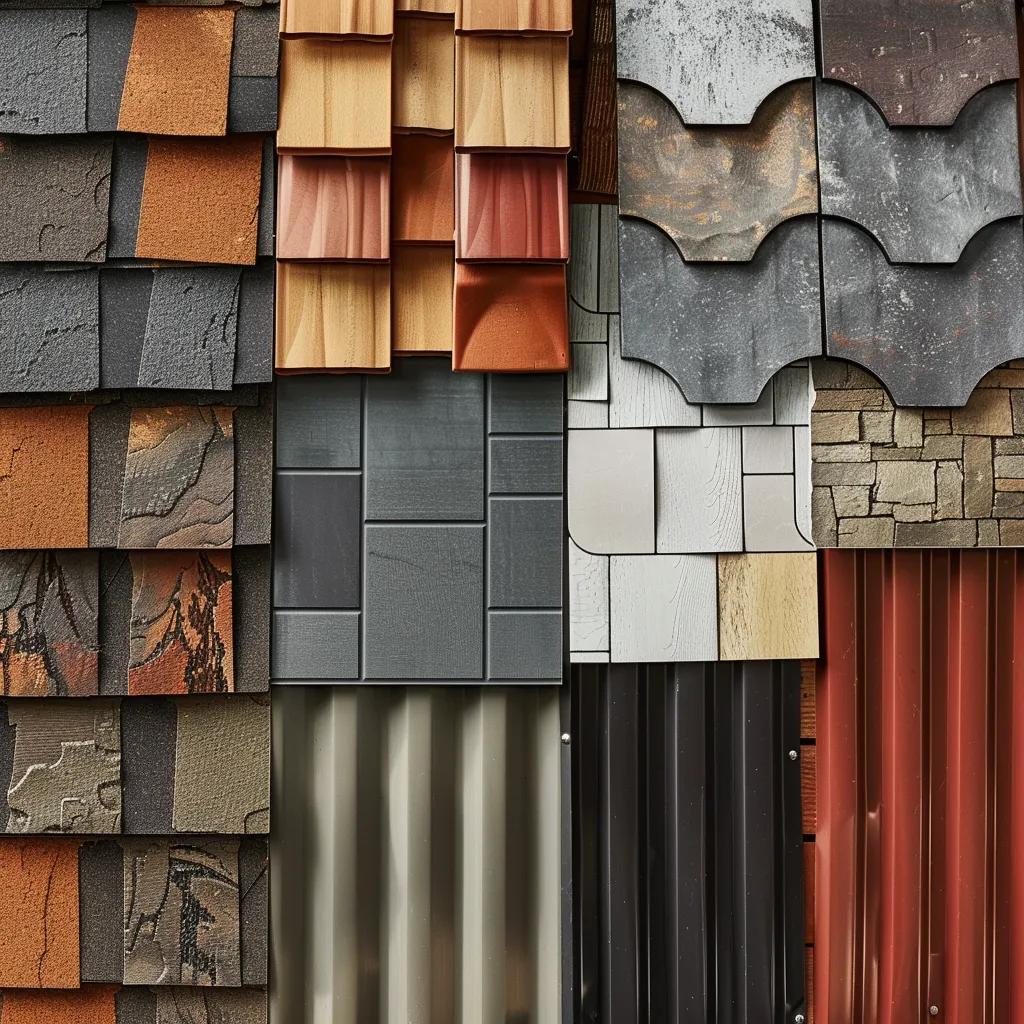 Variety of popular roofing materials including asphalt shingles, metal panels, and clay tiles displayed on a wooden surface