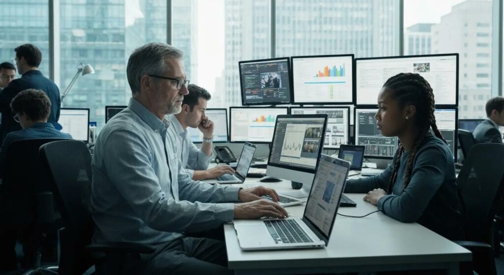 Journalists in a busy newsroom using technology for breaking news SEO