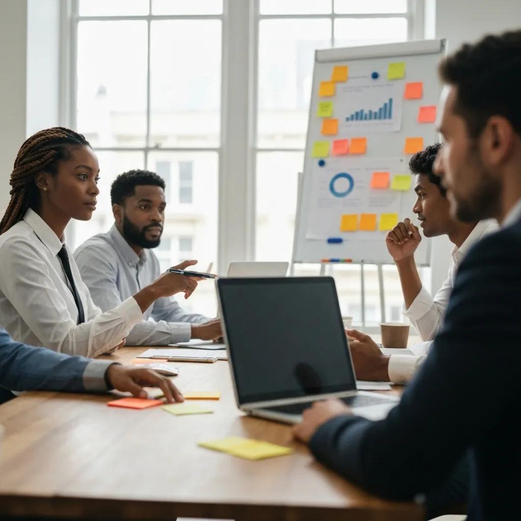 Diverse professionals discussing AI ethics and accountability in a meeting room