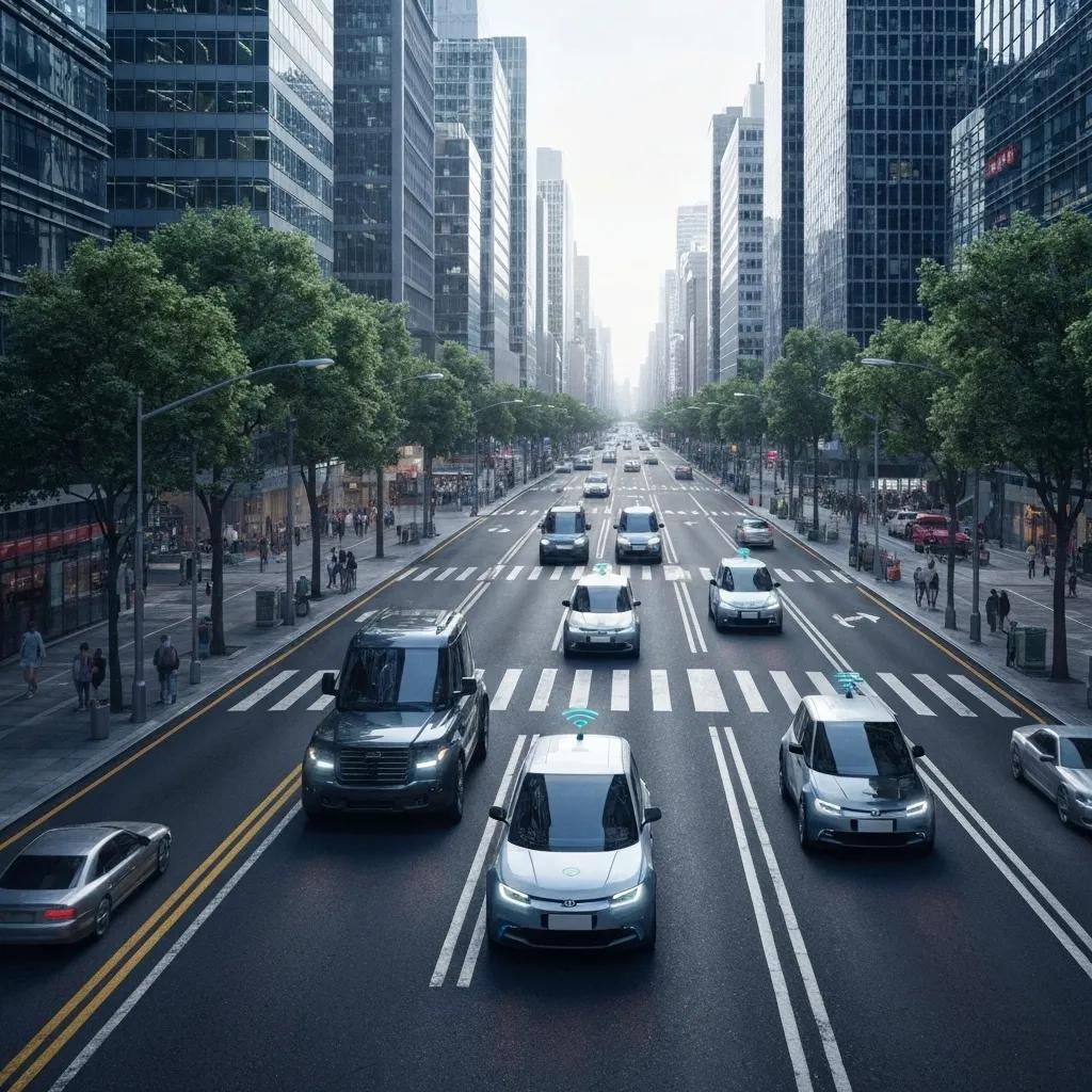 Futuristic cityscape with autonomous vehicles illustrating AI technology and its implications for safety