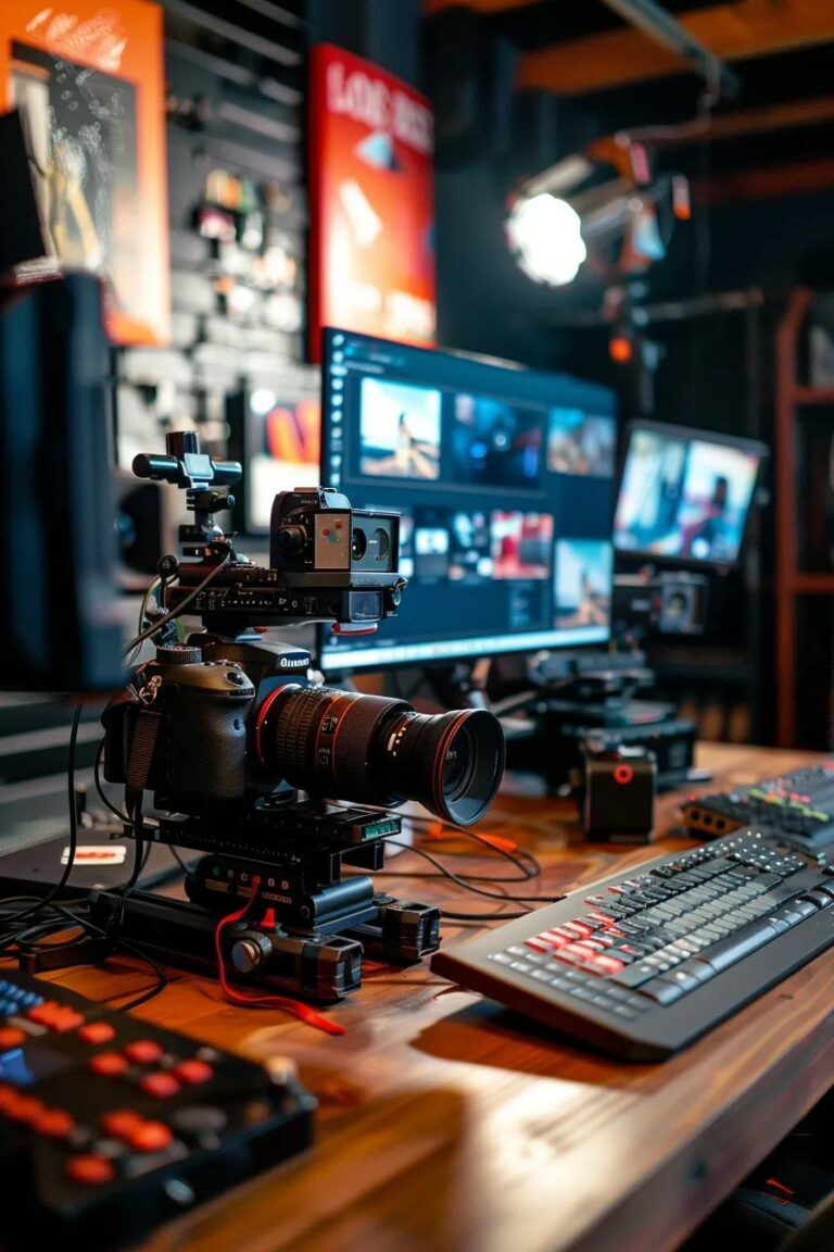 Modern video camera setup in a creative workspace, highlighting videography tools and equipment