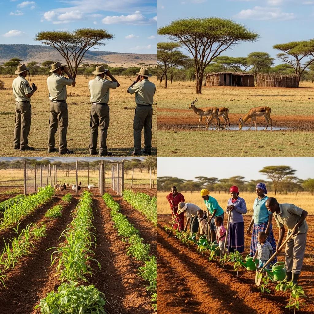 Community-led conservation efforts in Africa showcasing reforestation and wildlife protection