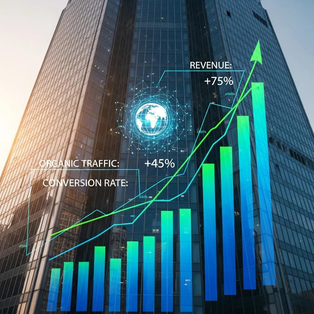 Corporate building with digital SEO metrics illustrating business growth