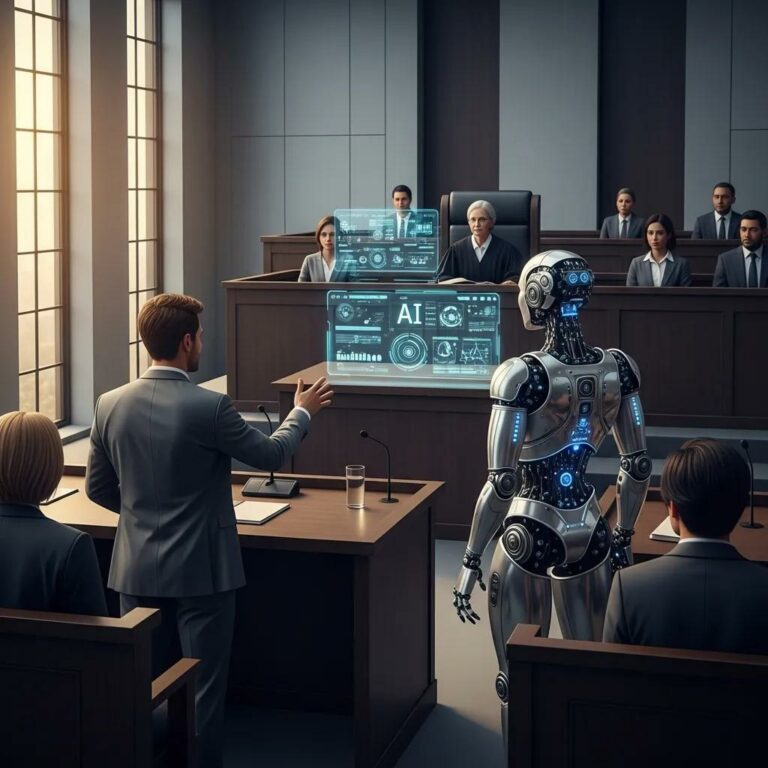 Courtroom scene illustrating the intersection of artificial intelligence and legal responsibility
